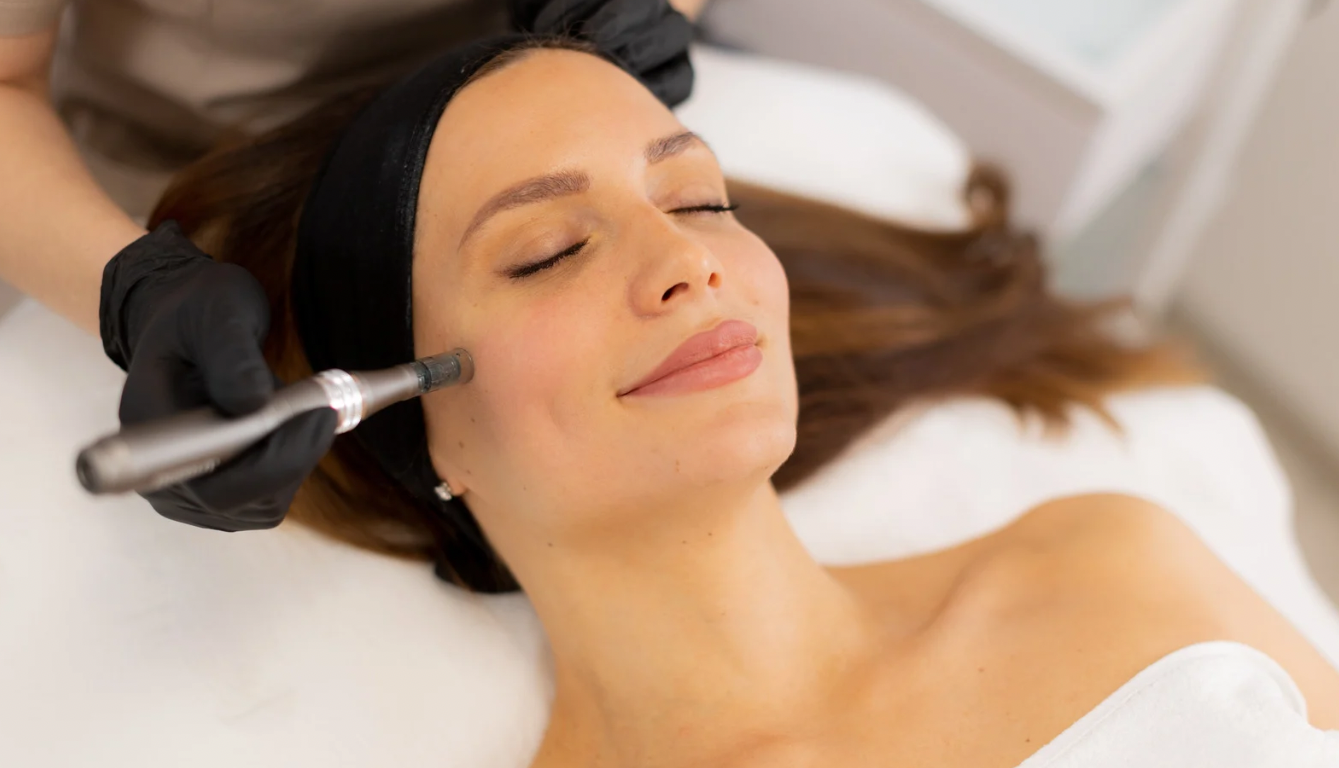 A professional performing a microneedling treatment on a client’s face at Elenoire in Birmingham